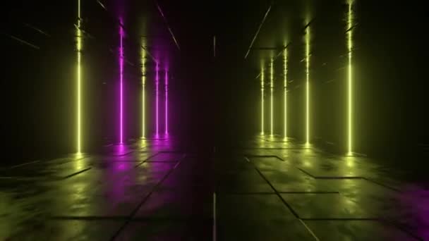 Futurista ciencia ficción bacgkround. Luces de neón amarillo rosado que brillan en una habitación con suelo de hormigón con reflejos de espacio vacío. Alien, Nave Espacial, Futuro, Arco. Progresos. Animación 3D de bucle sin costura. — Vídeo de stock