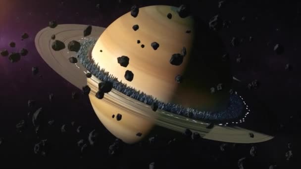 Satürn gezegeni dış uzayda. Satürn 'ün halkaları boyunca yer alan Satürn' ün kolonileşme konsepti. 3d canlandırma — Stok video