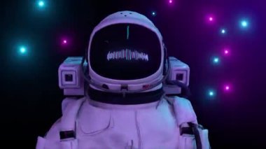 Astronot yanıp sönen neon ışıklarla çevrili. Müzik ve gece kulübü konsepti. Kusursuz bir döngünün 3d animasyonu