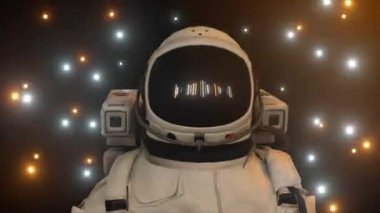 Astronot yanıp sönen neon ışıklarla çevrili. Müzik ve gece kulübü konsepti. Kusursuz bir döngünün 3d animasyonu