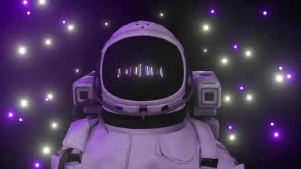 Astronauta rodeado de luces de neón intermitentes. Concepto de música y discoteca. animación 3d de un bucle sin costuras — Vídeo de stock