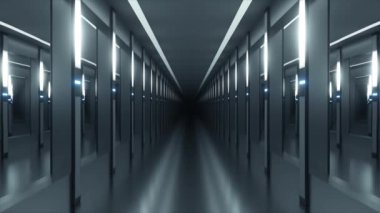 Bilim kurgu tüneli ya da uzay gemisi koridoru. Kamera neon ışıklı bir koridorda ilerliyor. Gelecek konsepti. Kusursuz döngünün 3d animasyonu