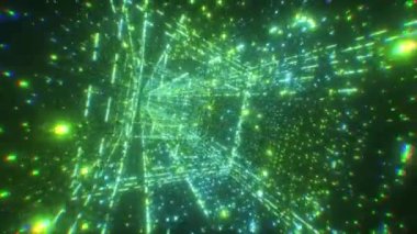 Dijital teknoloji tüneli. Fütürist matrisi olan 3D Büyük Veri Dijital kare koridor. İkili kod parçacık ağı. Hareket ve iletişim teknolojisi geçmişi. Parlayan parçacıklar.