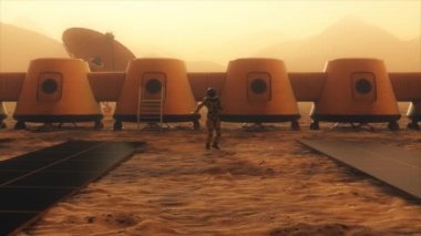 Mars gezegenindeki astronot üssünde dans ediyor. Küçük bir toz fırtınası. Uydu anten yere veri gönderiyor. Gerçekçi 3 boyutlu animasyon