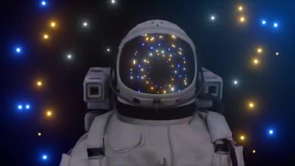 Astronaut omgiven av blinkande neonljus. Musik och nattklubb koncept. 3D-animering av en sömlös slinga — Stockvideo