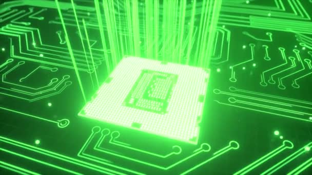 Technologie CPU arrière-plan. Visualisation 3D Puissance du processeur AI. Processus de numérisation vert coloré. Transmission de données, industrie futuriste. Flux de données ascendants. — Video