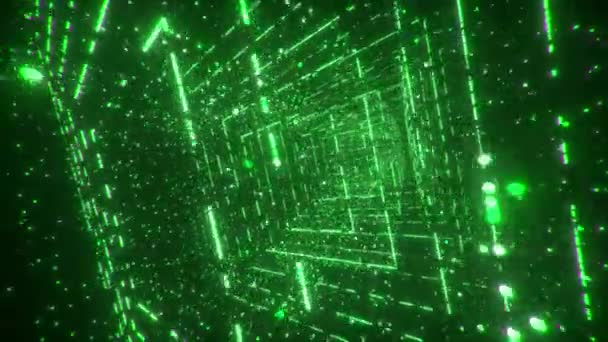 Tunnel technologique numérique. Couloir carré numérique Big Data 3D avec matrice futuriste. Réseau de particules de code binaire. Technologie du mouvement et de la communication. Particules clignotantes. — Video