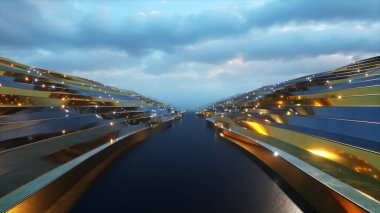 Dalgalı bir yüzeyden soyut bir arkaplan. Altın adımlar. İş sunumu için soyut bir özgeçmiş. Fiber optik sinyaller yüzeye iletiliyor. 3d illüstrasyon