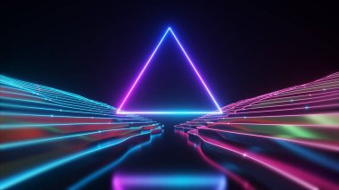 Soyut neon üçgen tünel teknolojisi. Canlandırılmış arka plan ve yüzeye çıkan bir dalga. Modern neon ışığı. Parlak neon çizgiler parıldar ve ilerler. 3d illüstrasyon