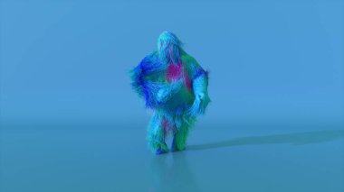 Neşeli renkli kıllı çizgi film karakteri, kürklü hayvan, eğleniyor, tüylü maskot animasyonu. Modern minimalist tasarım. 3d illüstrasyon