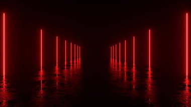 Gelecekçi bilim kurgu arka raundu. Beton zemin ve boş uzayın yansımaları olan bir odada kırmızı neon ışıklar parlıyor. Uzaylı, Uzay Gemisi, Gelecek, Kemer. İlerleme var. 3d illüstrasyon