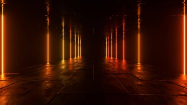 Gelecekçi bilim kurgu arka raundu. Beton zemin ve boş uzayın yansımaları olan bir odada kırmızı turuncu neon ışıklar parlıyor. Uzaylı, Uzay Gemisi, Gelecek, Kemer. İlerleme var. 3d illüstrasyon