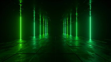 Gelecekçi bilim kurgu arka raundu. Beton zemin ve boş uzayın yansımaları olan bir odada yeşil neon ışıklar parlıyor. Uzaylı, Uzay Gemisi, Gelecek, Kemer. İlerleme var. 3d illüstrasyon