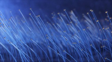 Bir çiçek gibi üç boyutlu rengarenk parçacık çizgisi. Koyu mavi arkaplanda parlak çizgiler ve ışık parçacıkları.