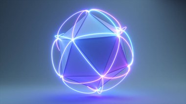 Köşelerinde neon çizgileri olan soyut hacimli çokgen. Teknolojik konsept. 3d illüstrasyon