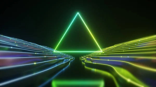 Abstract neon triangle tunnel technological. Animated background with a wave stepped surface. Modern neon light. Bright neon lines sparkle and move forward. 3d illustration