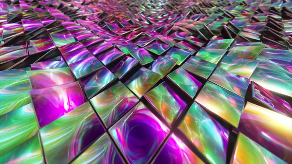 Yansıtıcı Holografik Küplerin Soyut Arkaplanı Bir Dalga Yüzeyi Yaratıyor Modern — Stok fotoğraf