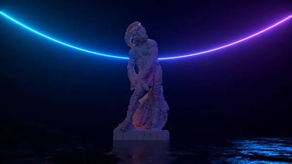 Una Scultura Philopoemen Illuminata Con Luce Neon Emergente Pixel Oggetti — Foto Stock