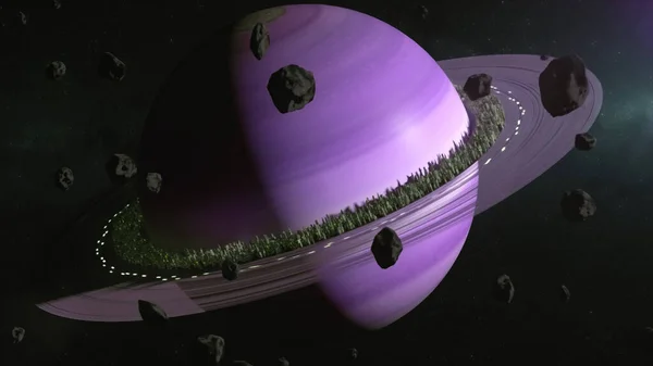外太空土星行星 城市位于土星环上 土星殖民的概念 3D说明 — 图库照片
