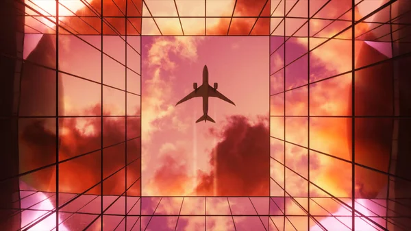 Avión Pasajeros Volando Cielo Con Nubes Sobre Moderno Edificio Vidrio — Foto de Stock