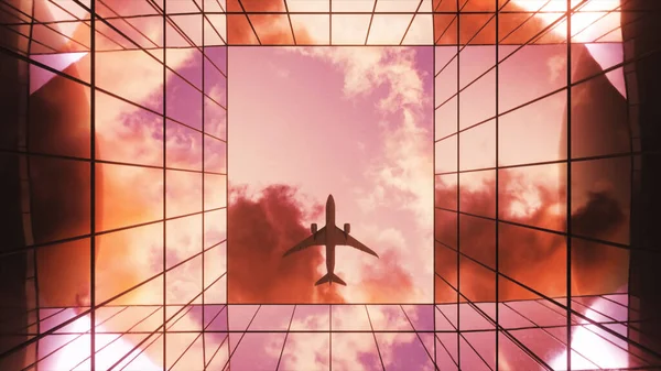 Passenger plane flying in the sky with clouds over a modern glass building at sunset. Bottom view. Travel concept. 3d illustration