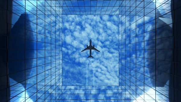 近代的なガラスの建物の上に雲と空を飛んで旅客機 一番下だ 旅行のコンセプト 3Dイラスト — ストック写真