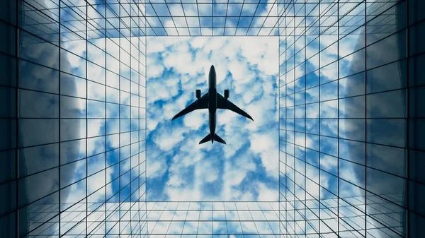 Avión Pasajeros Volando Cielo Con Nubes Sobre Moderno Edificio Cristal — Foto de Stock