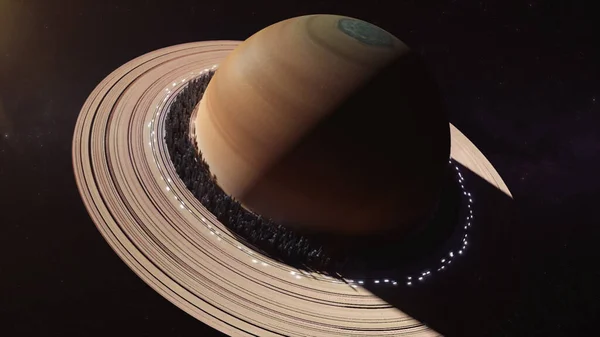 Pianeta Saturno Nello Spazio Città Situata Lungo Gli Anelli Saturno — Foto Stock