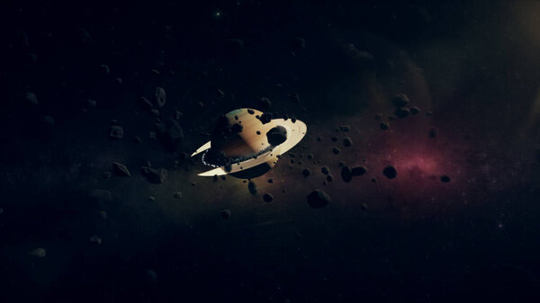 Планета Сатурн в космосе. Город расположен вдоль колец Сатурна, концепция колонизации Сатурна. 3d иллюстрация