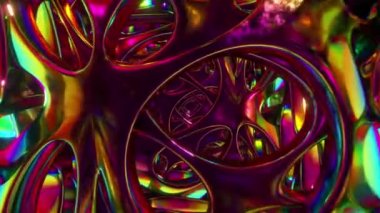 Neon ışıklarıyla aydınlatılmış soyut bir uzaylı yapısının içinden uçmak. Modern ultraviyole ışık. Kusursuz döngünün 3d Canlandırması