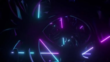 Neon ışıklarıyla aydınlatılmış soyut bir uzaylı yapısının içinden uçmak. Modern ultraviyole ışık. Kusursuz döngünün 3d Canlandırması