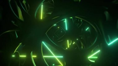 Neon ışıklarıyla aydınlatılmış soyut bir uzaylı yapısının içinden uçmak. Modern ultraviyole ışık. Kusursuz döngünün 3d Canlandırması