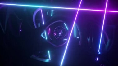 Neon ışıklarıyla aydınlatılmış soyut bir uzaylı yapısının içinden uçmak. Modern ultraviyole ışık. Kusursuz döngünün 3d Canlandırması
