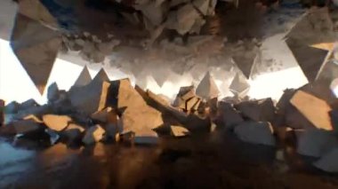 Ethereum şifreleme madeni parasının logoları çözülüyor ve kurtarılıyor. Güneş ışığıyla muhteşem yıkım kavramı. Kusursuz döngülerin 3D animasyonu