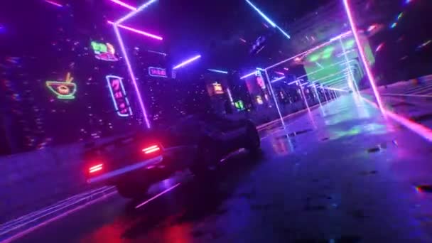 Carro e cidade em estilo cyberpunk neon. 80s retrowave fundo 3d animação. Carro futurista retro dirigir através da cidade de néon. 3d renderização de loop sem costura — Vídeo de Stock