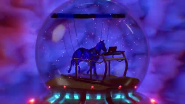 Astratto fantastico cavallo fluido si allena su un tapis roulant in una palla di neve. Concetto irrealistico di surrealismo e sport. Animazione 3d di loop senza soluzione di continuità — Video Stock