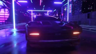 Araba ve şehir neon siber punk tarzında. 80 'lerin retrodalga arka planı 3D animasyon. Retro fütüristik araba sürüşü neon şehirde.