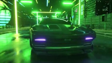 Araba ve şehir neon siber punk tarzında. 80 'lerin retrodalga arka planı 3D animasyon. Retro fütüristik araba sürüşü neon şehirde.
