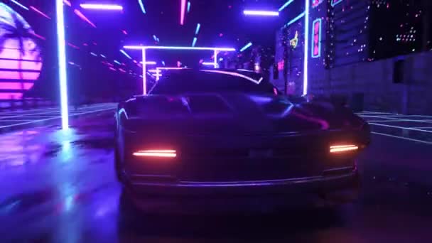 Auto en stad in neon cyberpunk stijl. 80s retrowave achtergrond 3d animatie. Retro futuristische auto rijden door neon stad. — Stockvideo