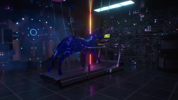 Абстрактная фантастическая флюидная лошадь тренируется на треке в техническом помещении. Нереалистичная концепция сюрреализма и спорта. — стоковое видео