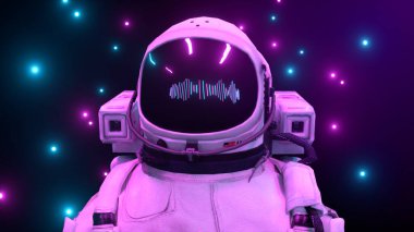Astronot yanıp sönen neon ışıklarla çevrili. Müzik ve gece kulübü konsepti. 3B illüstrasyon