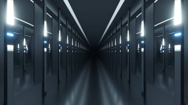Bilim kurgu tüneli ya da uzay gemisi koridoru. Kamera neon ışıklı bir koridorda ilerliyor. Gelecek konsepti. 3B illüstrasyon