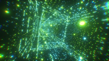 Dijital teknoloji tüneli. 3D illüstrasyon Büyük Veri Dijital kare koridor ve fütüristik matris. İkili kod parçacık ağı. Hareket ve iletişim teknolojisi geçmişi. Parlayan parçacıklar.