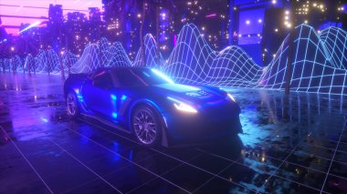 80 'lerin geçmişe dönük 3D illüstrasyon. Geleceği parlak bir araba neon şehrin içinden geçiyor..