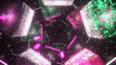 Teknolojik siber uzayda uçmak. Bilim kurgu uzay gemisi tüneli. Fütürist teknoloji, teknoloji unvanı ve geçmişi için soyut, kusursuz VJ. İnternet için hareket grafiği, hız. 3B illüstrasyon