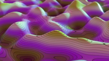 Topoğrafik harita kavramının soyut arkaplanı. Harita çizgileri. Vadiler ve dağlar. Coğrafya konsepti. Dalgalı fon. Sihirli neon ışık kıvrımlı kıvrımlı çizgi. 3B illüstrasyon