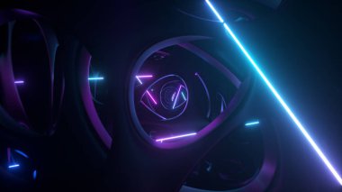 Neon ışıklarıyla aydınlatılmış soyut bir uzaylı yapısının içinden uçmak. Modern ultraviyole ışık. 3B illüstrasyon