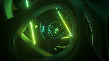 Neon ışıklarıyla aydınlatılmış soyut bir uzaylı yapısının içinden uçmak. Modern ultraviyole ışık. 3B illüstrasyon