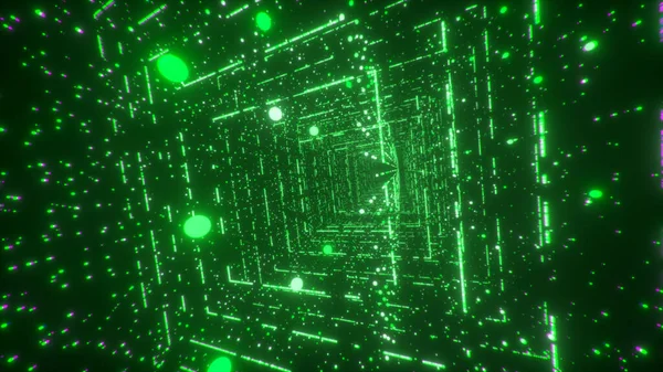 デジタル技術トンネル 3Dイラスト Big Data未来行列のデジタル四角形回廊 バイナリコード粒子ネットワーク 動きと通信技術の背景 フラッシング粒子 — ストック写真