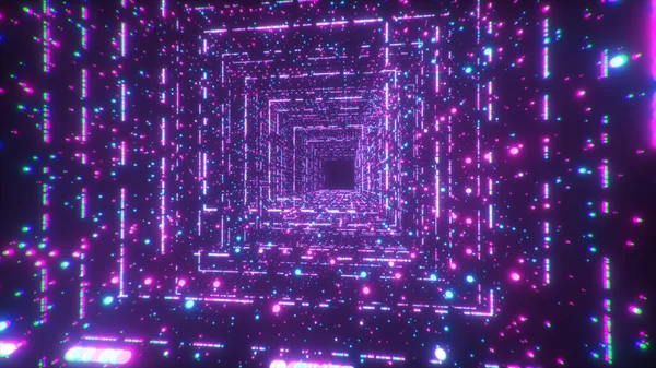 数字技术隧道 3D展示了具有未来主义矩阵的大数据数字正方形走廊 二进制代码粒子网络 运动和通信技术背景 闪光的粒子 — 图库照片
